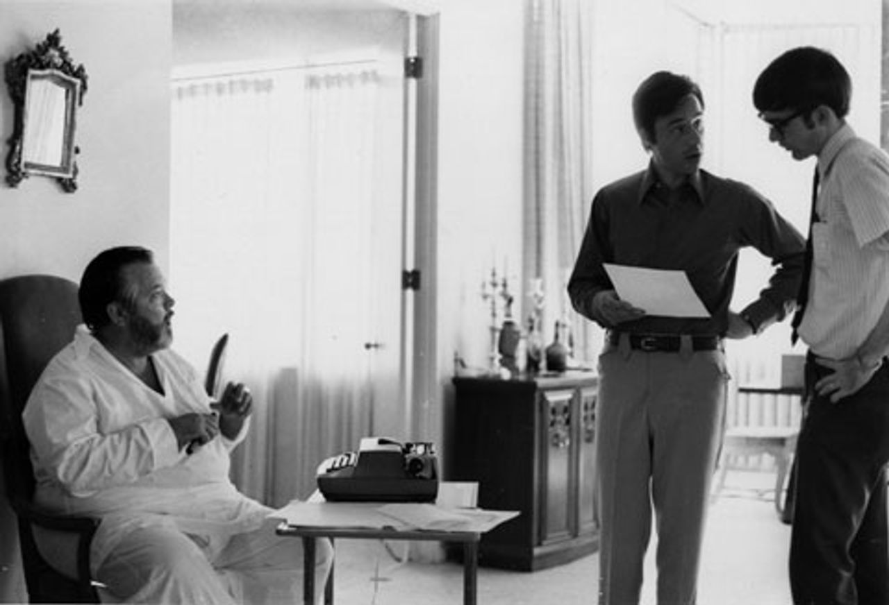 Orson Welles, Peter Bogdanovich and Joseph McBride rehearsing The Other Side of the Wind in August 1970